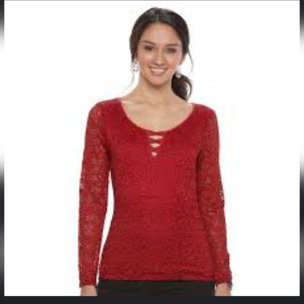 Candies Criss Cross Lace Top, Juniors Small, Bright Red- no flaws/snags visible